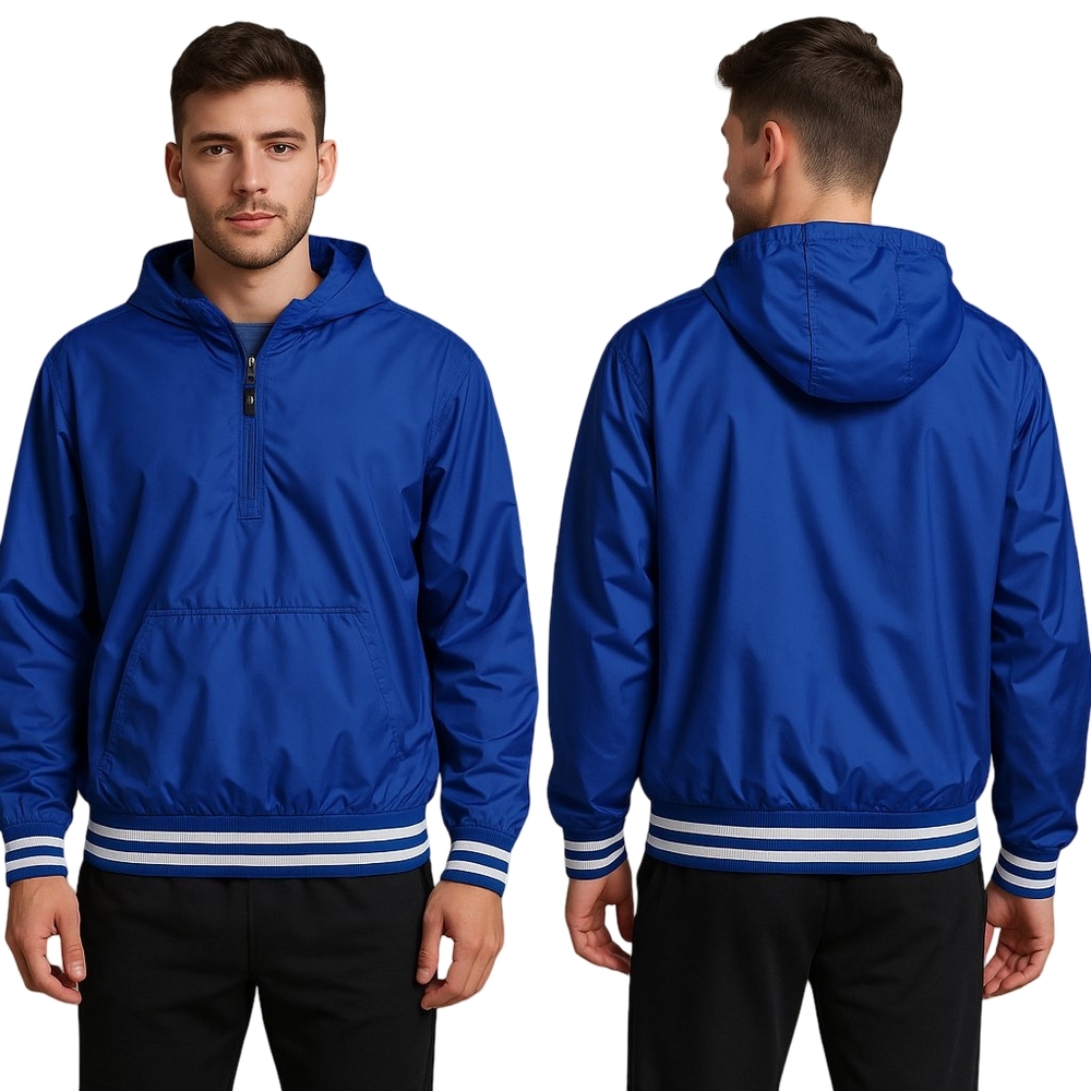 HOLLOWAY Windbreaker Jacket Mens XL Blue Striped Trim Hooded Pullover Nylon NEW